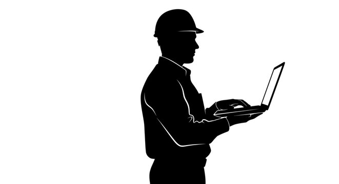 Construction worker, engineer, or architect silhouette, man with laptop, black icon, hard hat May day, EPS