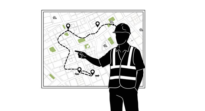 Construction worker, map navigation, route planning, logistics vector May day, EPS