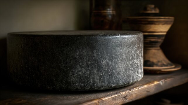 shikara. Ancient stone grindstone on a wooden shelf with fine grinding marks. safety posters, maintenance manuals, designed for precision metalworking and fabrication facilities, improves efficiency.