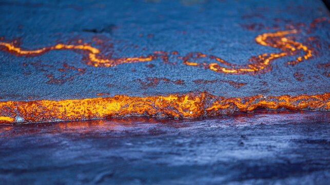 hardening. Macro detail of glowing molten metal solidifying on a textured dark metallic surface. safety posters, maintenance manuals, designed for precision metalworking and fabrication facilities.