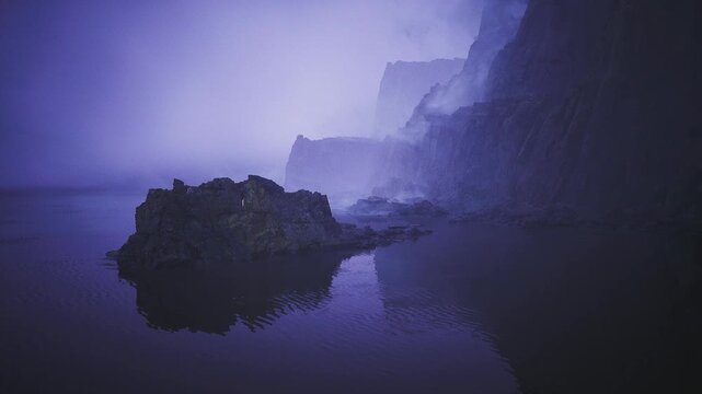 Fogbound cliffs framing still coastal inlet. Soft violet light, lowlying mist drifting across glassy water, solitary rock foreground, cinematic grain, tranquil