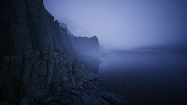 Misty basalt cliffs at night fog, deep blue tones and heavy sea mist hugging jagged rock faces, distant horizon swallowed by haze, dramatic solitude mood,
