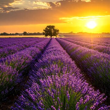 Sunset over a field of lavender flowers with a solitary tree