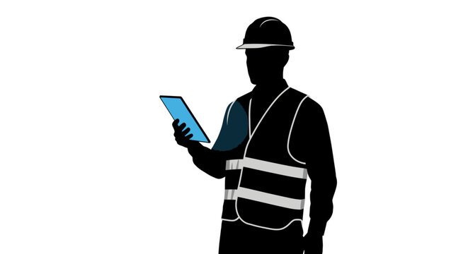 Construction worker, engineer, or inspector icon, safety vest and hard hat, tablet in hand, black silhouette May day, EPS