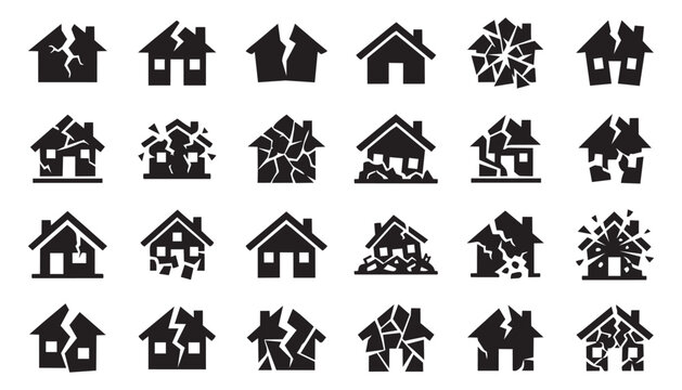 Set of broken house icons showing various degrees of destruction in black and white vector style.