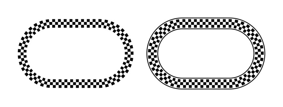 Checker pattern oval frame with racing flag design. Black and white checkerboard border creates bold circular finish line motif for motorsport graphics and vintage rally posters.