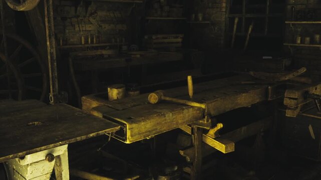 Sunlit restoration bench with clamps and polish tools, jars of varnish and brushes on aged surface, delicate lighting highlighting grain and repair marks, scene