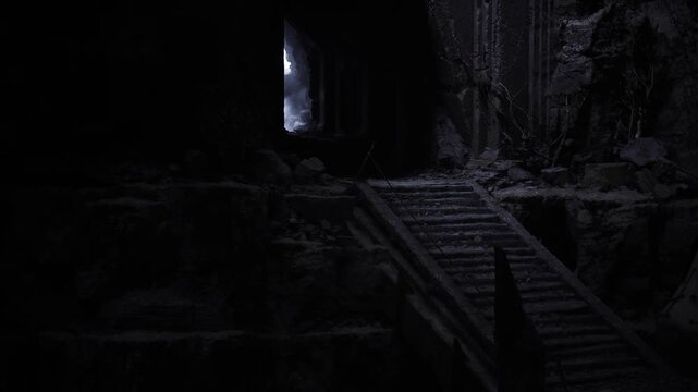 Midnight passage stair framed by deep shadow, single vertical slit of pale light marking distant outside, sense of solitude and clandestine journey