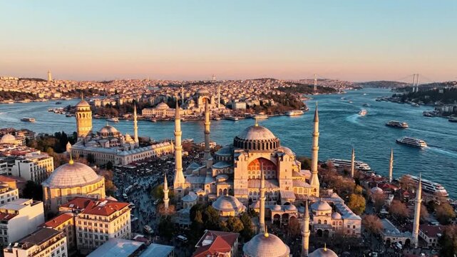 Aerial view of Hagia Sophia and Bosphorus strait in Istanbul at sunset