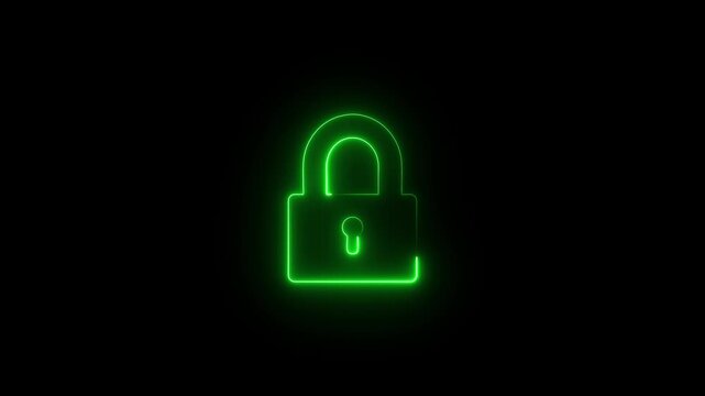 Green neon glowing lock on black background security concept symbolizing protection and safety online digital security and data protection