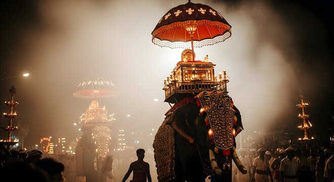 Decorated elephant carries sacred relics during a nightly cultural parade