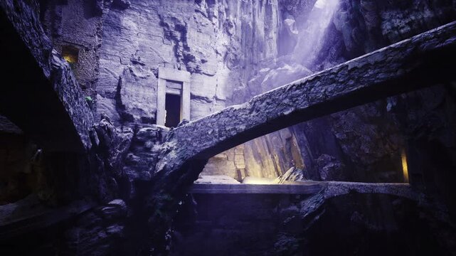 Hidden stone doorway framed by mossy bridge and weathered wall, faint lantern glow inside niche, carved threshold and tactile masonry inviting mystery