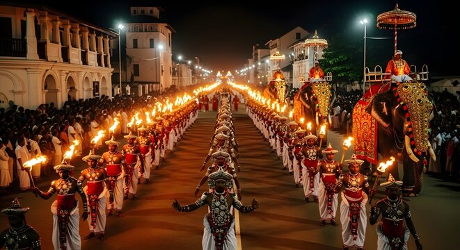 Traditional Sri Lankan procession with elephants and fire dancers at night