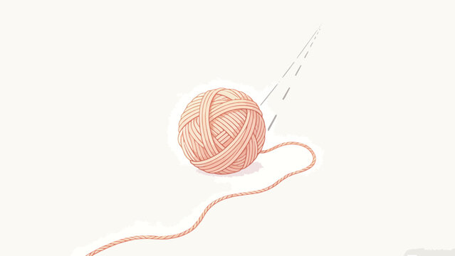 Gentle Minimalist Hand-Drawn Illustration Of Warm Light Peach Yarn Ball With Trailing Twine And Upward Pulling Motion Lines On Off White Background