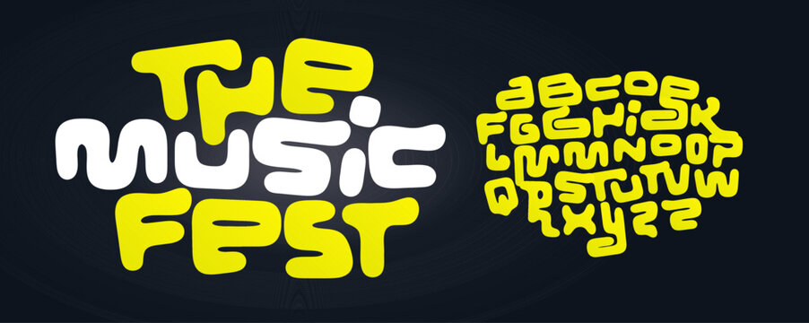 Fun Playful Font Geometric Logo Alphabet Cool Cartoon Letter Set Modern Typography, Creative Typographic Design for Comics Title Text, Typo Poster Headline. Music Fest Style Fonts. Vector Typeface