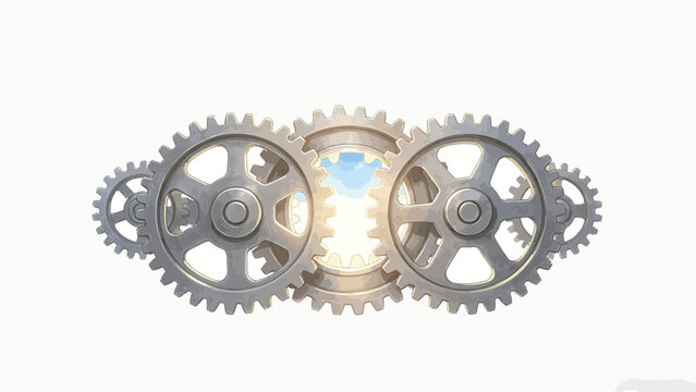 Symmetric Horizontally Arranged Interlocking Matte Steel Gears With Glowing Hollow Center Revealing Sunny Sky Against Clean White Background
