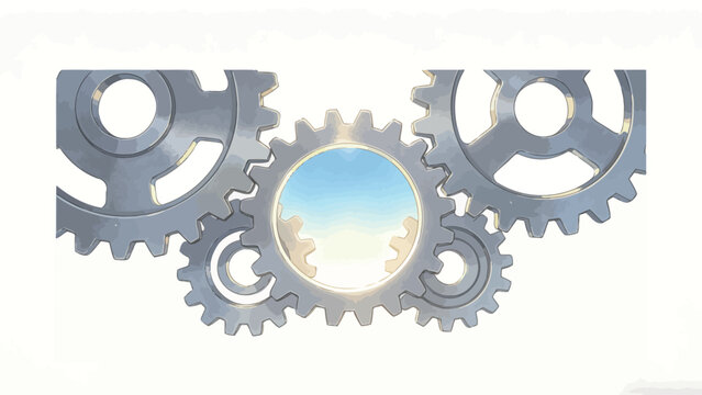 Five Interlocking Brushed Metallic Silver Gears Arranged In A Ring Framing Bright Sunlit Sky On Clean White Minimalist Background