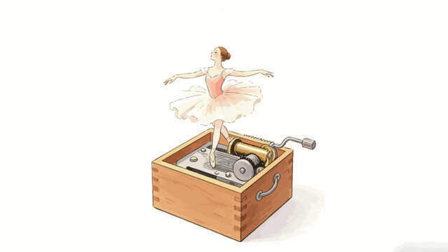 Soft Delicate Watercolor Illustration of a Graceful Ballerina in a Blush Tutu Standing En Pointe Atop an Open Wooden Hand-Crank Music Box, Gentle Elegant Mood, Plain Off-White Background