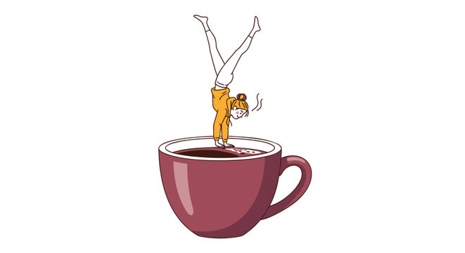 Cartoon gymnast, orange leotard, handstand in coffee cup, vector illustration, fitness humor, quirky design