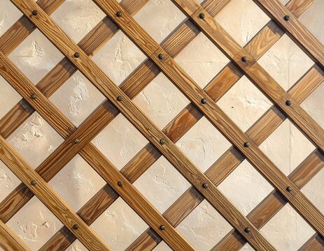 Wooden latticework pattern fastened by rivets. The criss-cross design sits against a backdrop of off-white textured tiles