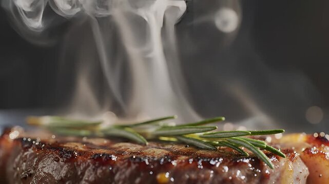 Juicy Steak Sizzling with Rosemary and Steam.