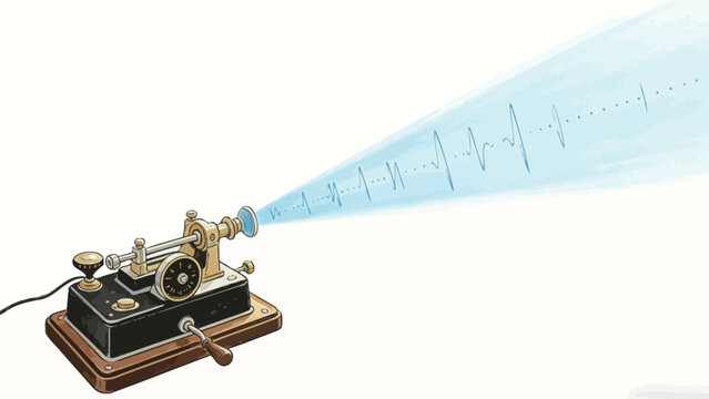 Hand-drawn illustration of an antique vintage telegraph key emitting sequential blue morse code signal waveforms stretching diagonally across a plain white background