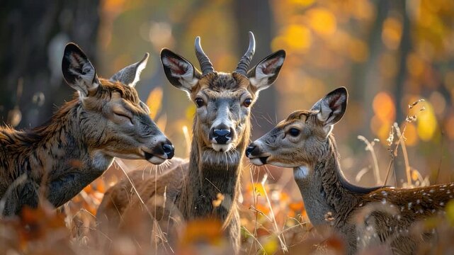 Three deer stand in a golden-hued autumn forest. Two does flank a buck with small antlers