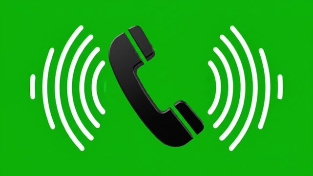 2D vector UI animation incoming phone call black telephone icon vibrate while emit ringing soundwaves. minimalist corporate design against chroma key green screen backdrop. 