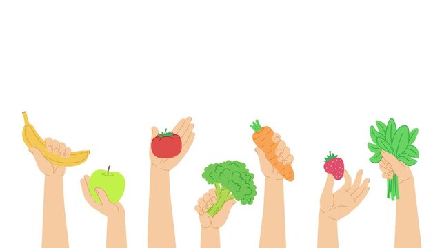 Animation of hands raise up various fruits and vegetables symbolizing World Food Day. Hands hold food: carrot, strawberry, apple, tomato, spinach, broccoli, banana isolated on white background