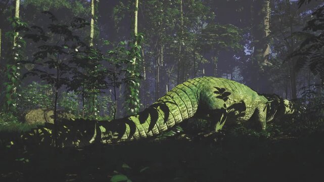 Silhouetted crocodile evokes prehistoric atmosphere among towering trees, heavy shadows and faint mist create ancient mood, massive shape and rough scales