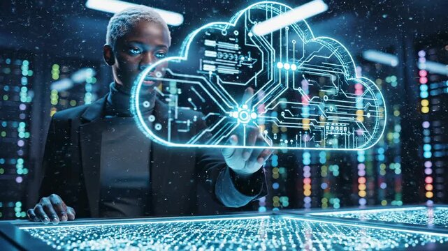 Woman interacts with cloud computing hologram displaying circuit board and data in futuristic data center. Female professional touches cloud technology interface with circuit display. Specialist works