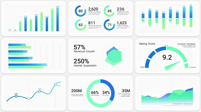 Business intelligence and financial performance analysis report on white background, animated infographic bar chart loop, investment data analytic graph dashboard, enterprise market statistics trend
