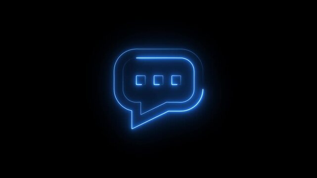 Neon blue glowing speech bubble with three rectangular text boxes on black background for chat communication technology and digital messaging