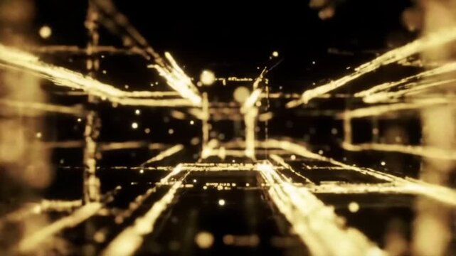 Macro cinematic push through intricate gold network lattice glowing intensely against a deep black background floating soft bokeh particles subtle volumetric lighting ultra premium minimal composition