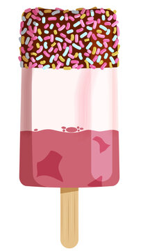 Tri-Color Neapolitan Popsicle with Chocolate Vanilla and Strawberry Layers Coated in Colorful Candy Sprinkles on a Wooden Stick Isolated