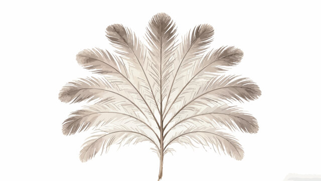 Delicate Sepia Monochrome Botanical Style Illustration of Symmetrical Palmate Feathered Frond, Elegant Centered Minimalist Composition on Plain Off-White Background