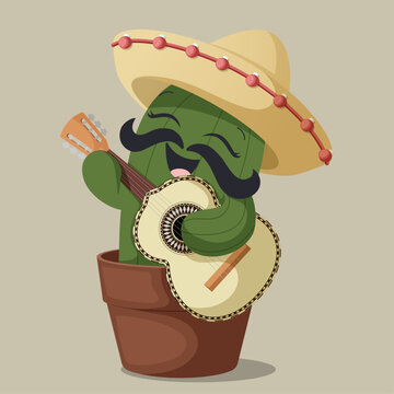 Funny Cartoon Cactus Character with Mustache Playing Guitar and Wearing Sombrero Hat Isolated Mexican Mariachi Illustration