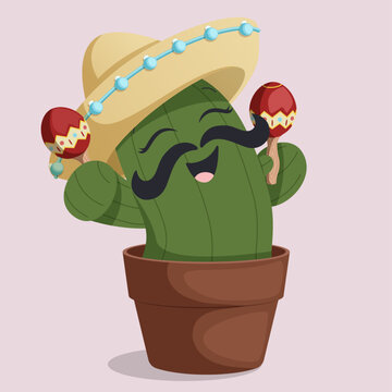 Funny Cartoon Cactus Character with Mustache Playing Maracas Wearing Sombrero Hat Isolated Mexican Mariachi Illustration