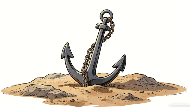 Hand-drawn nautical illustration of a heavy traditional cast iron anchor half-buried in rocky sand with attached rusted chain, clean ink linework warm muted watercolor style on plain white background