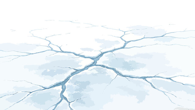 Soft Watercolor Illustration of Expansive Cracked Arctic Sea Ice, Branching Blue Fissures Across Pale White Frozen Surface, Misty Minimalist Polar Landscape With Bright Overcast Horizon