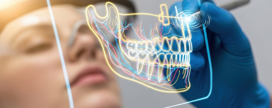 Caucasian woman dentist examining anatomical hologram of jaw for medical diagnosis. Smart dental technology. Future dentistry concept.