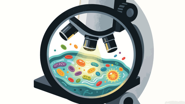 Modern textured flat illustration of a laboratory microscope examining vibrant colorful bacteria, cells, viruses and microbial life within a liquid sample