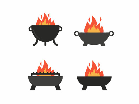 Fire pit cauldron with burning flame on white background icon set