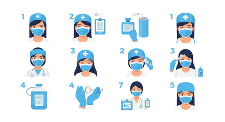 Fototapeta premium Isometric vector illustration showing healthcare workers demonstrating proper medical checkup procedures in a hospital setting, with a clean, minimalist design against a white background