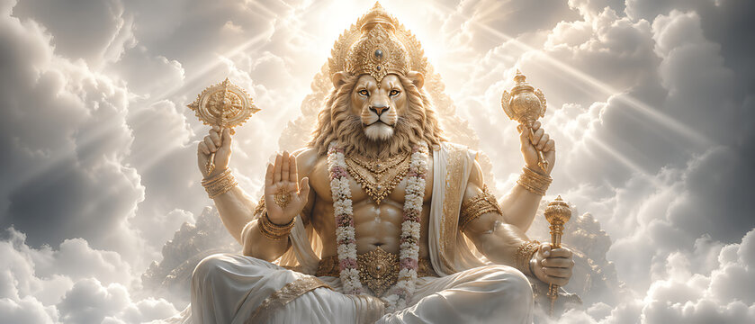 Premium Narasimha Janmotsav Poster Design &ndash; Celebrating Lord Vishnu&rsquo;s Avatar with Goddess Lakshmi&rsquo;s Divine Elegance