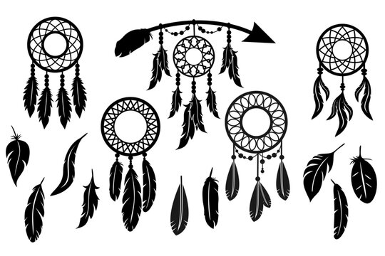 Dreamcatcher SVG silhouette Bundle, feather silhouette. Set of dream catcher designs. Tribal indian symbol