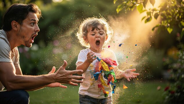 Enfant surpris et appeur&eacute; par l'explosion d'un ballon confetti dans un jardin ensoleill&eacute; _  Child shocked by confetti balloon burst in sunny garden &ndash; Candid father and child action moment