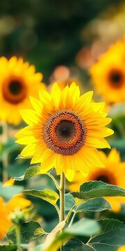 A picturesque field of sunflowers in full bloom under a clear blue sky, radiating vibrant colors.