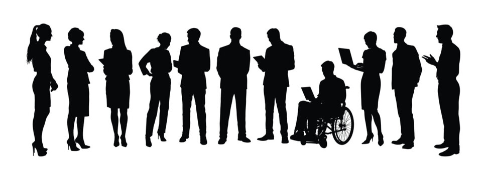 Diverse business workers including man with disability doing meeting in office black silhouette flat vector gaphic.