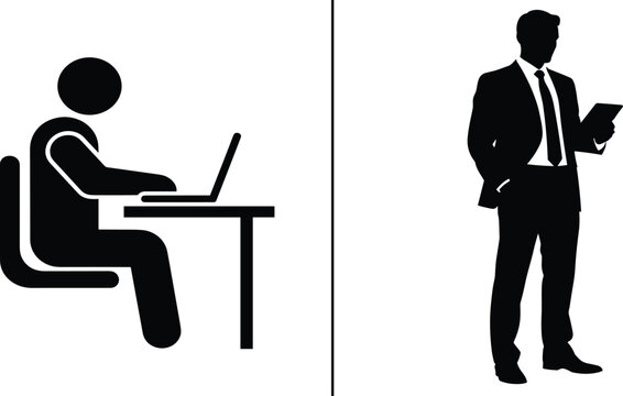 Professional Businessman Silhouette Working on Laptop and Holding Tablet for Corporate Technology Productivity, Office Career Success, Remote Work, and Leadership
